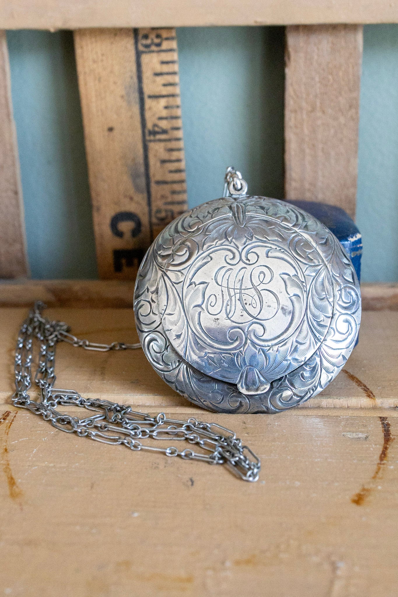 c1920 Art Deco Hand Engraved Round Locket Style Compact on Long Chain