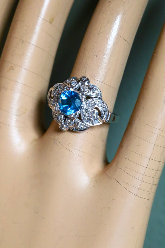 1940-1950's Vintage Platinum Diamond and Blue Topaz Ring
