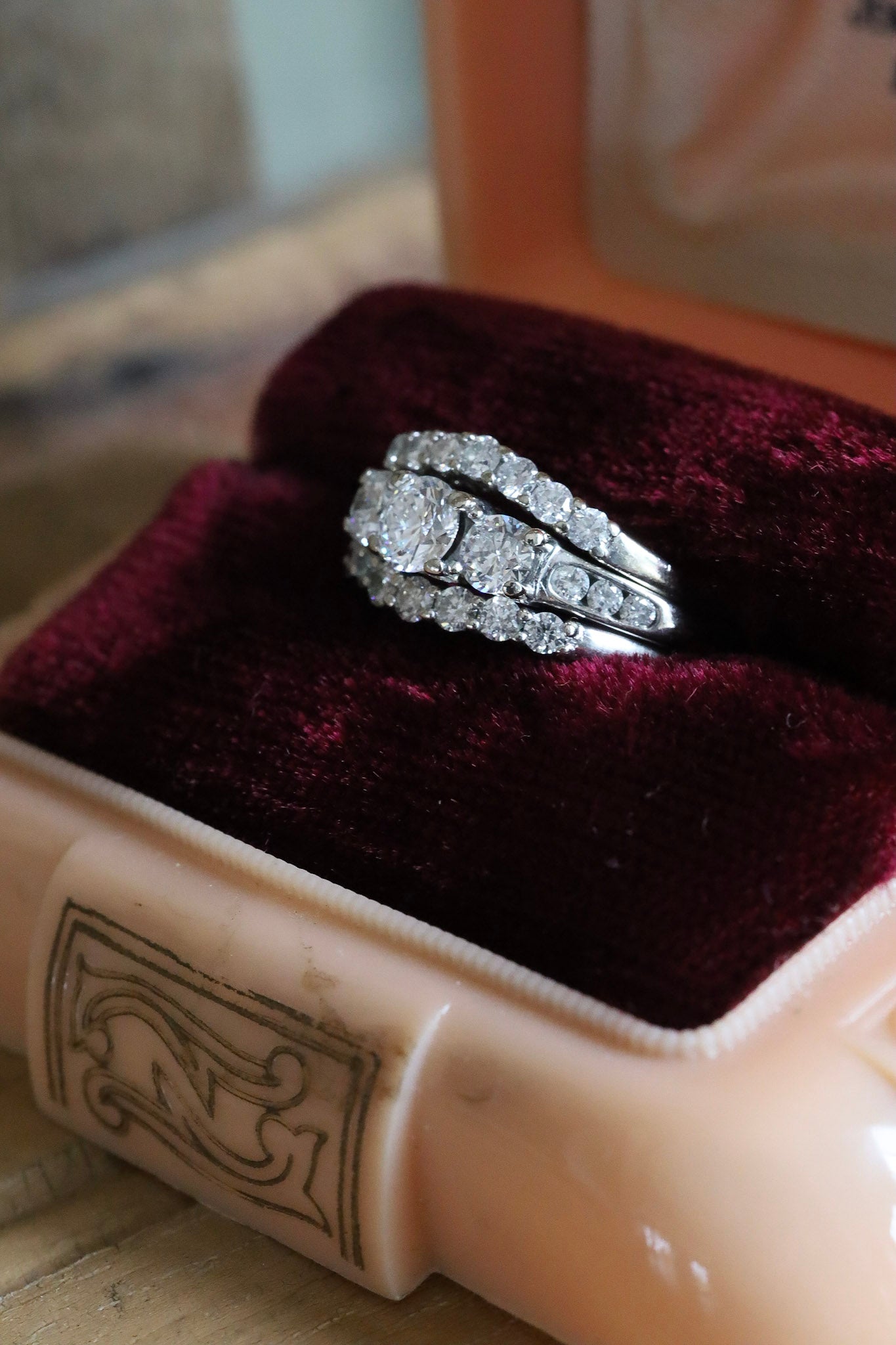 A 14K White Gold Past, Present, Future Natural Diamond Ring with Two Diamond Bands