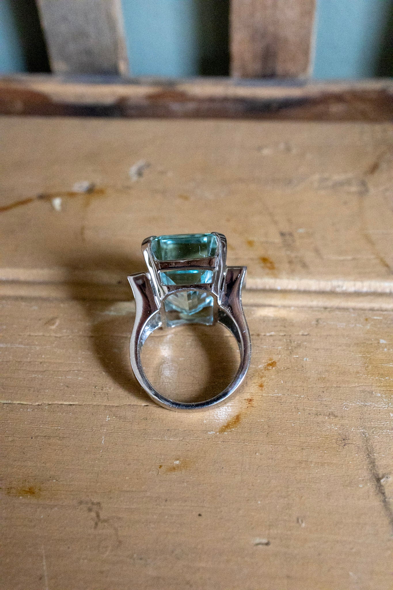 Mid Century Bold 14K White Gold 23 Ct Emerald Cut Aquamarine and Diamond Cocktail Ring