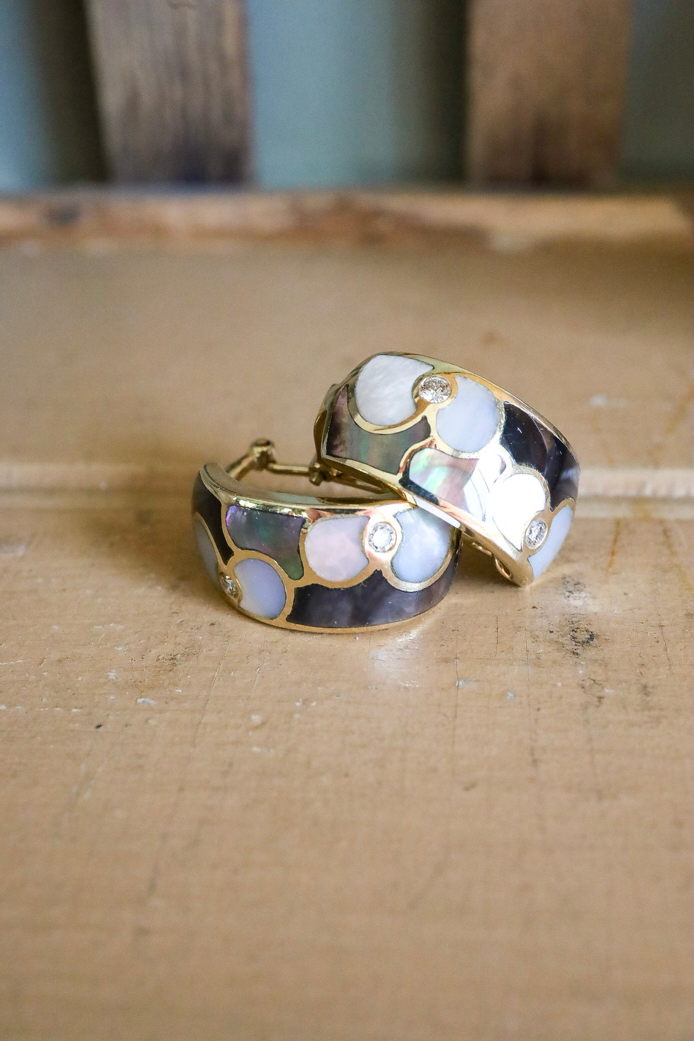 Designer Asch Grossbardt Inlay 18K Yellow Gold Half Hoop Earrings