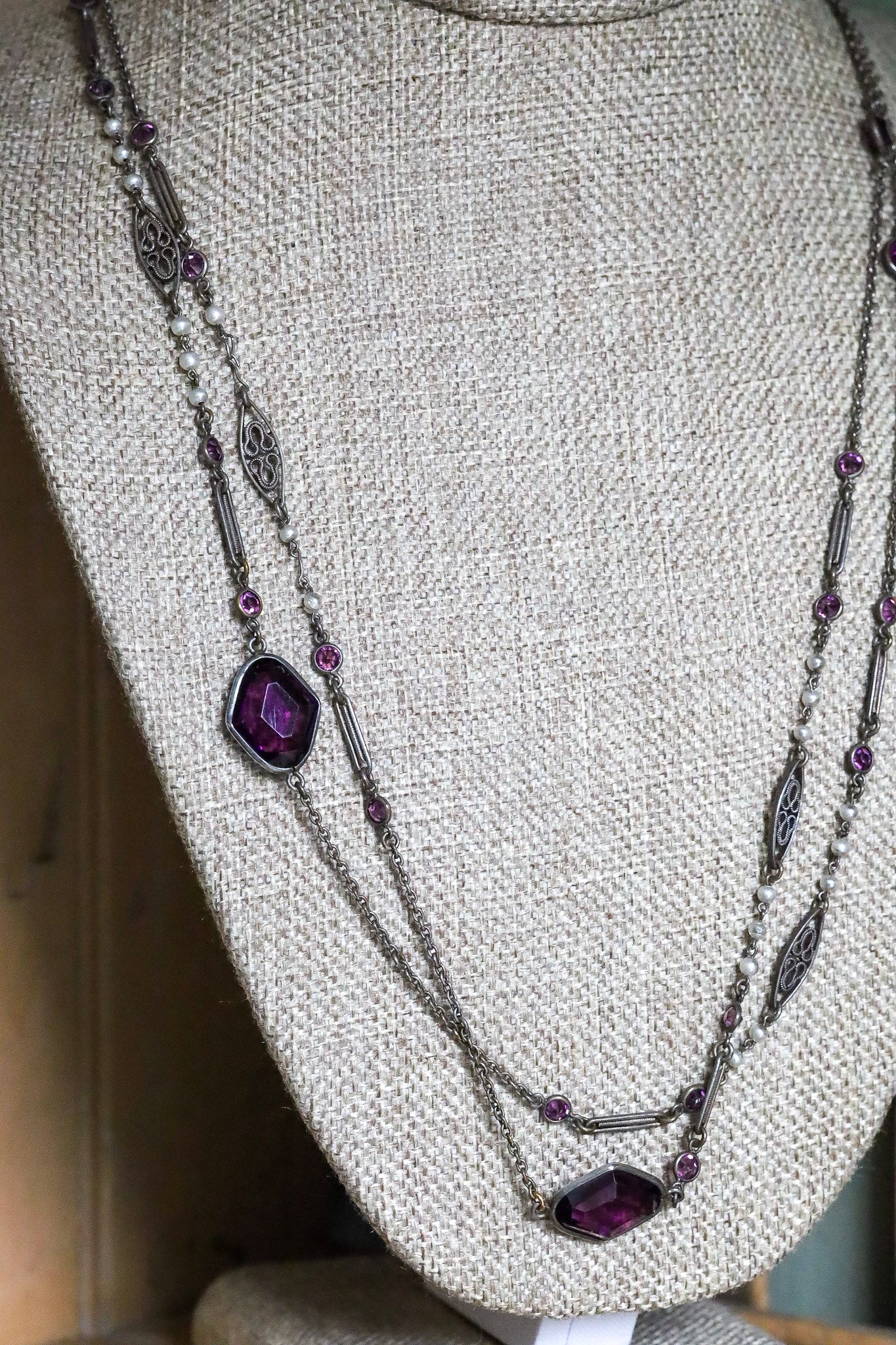 c1900 Antique Long Watch Chain with Glass Amethyst and Pearls