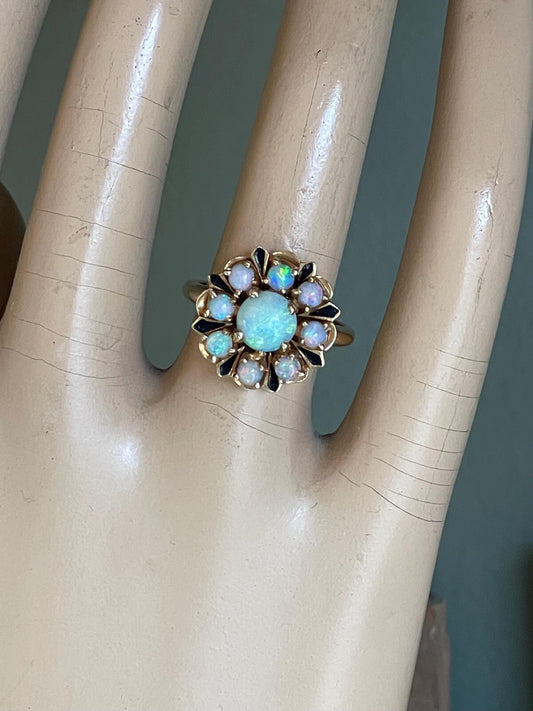 Vintage c1970 14K Yellow Gold Opal and Black Enamel Ring Victorian Revival