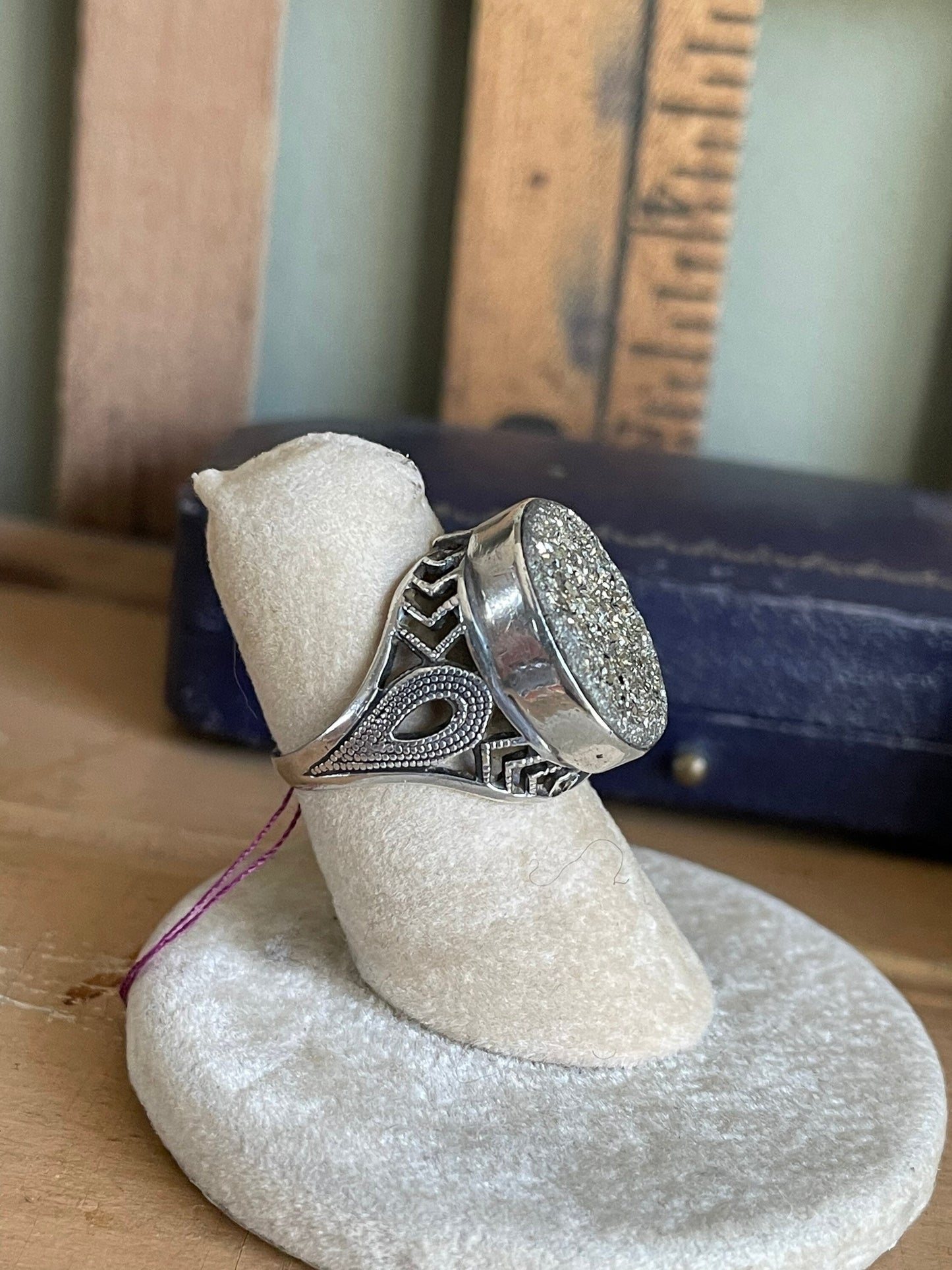 Vintage Filigree Sterling Silver Pyrite Druzy Ring - Size 5.25