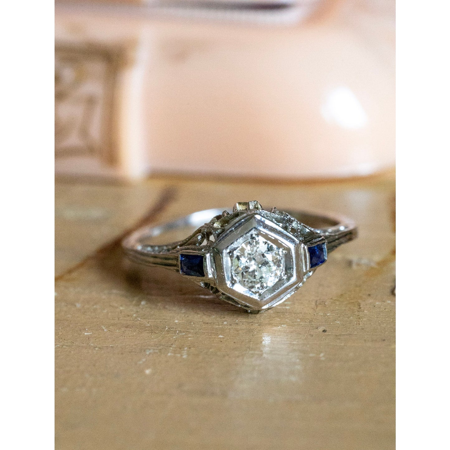 1930-1940's Art Deco 18K White Gold Old European Cut Diamond and Sapphire Filigree Ring