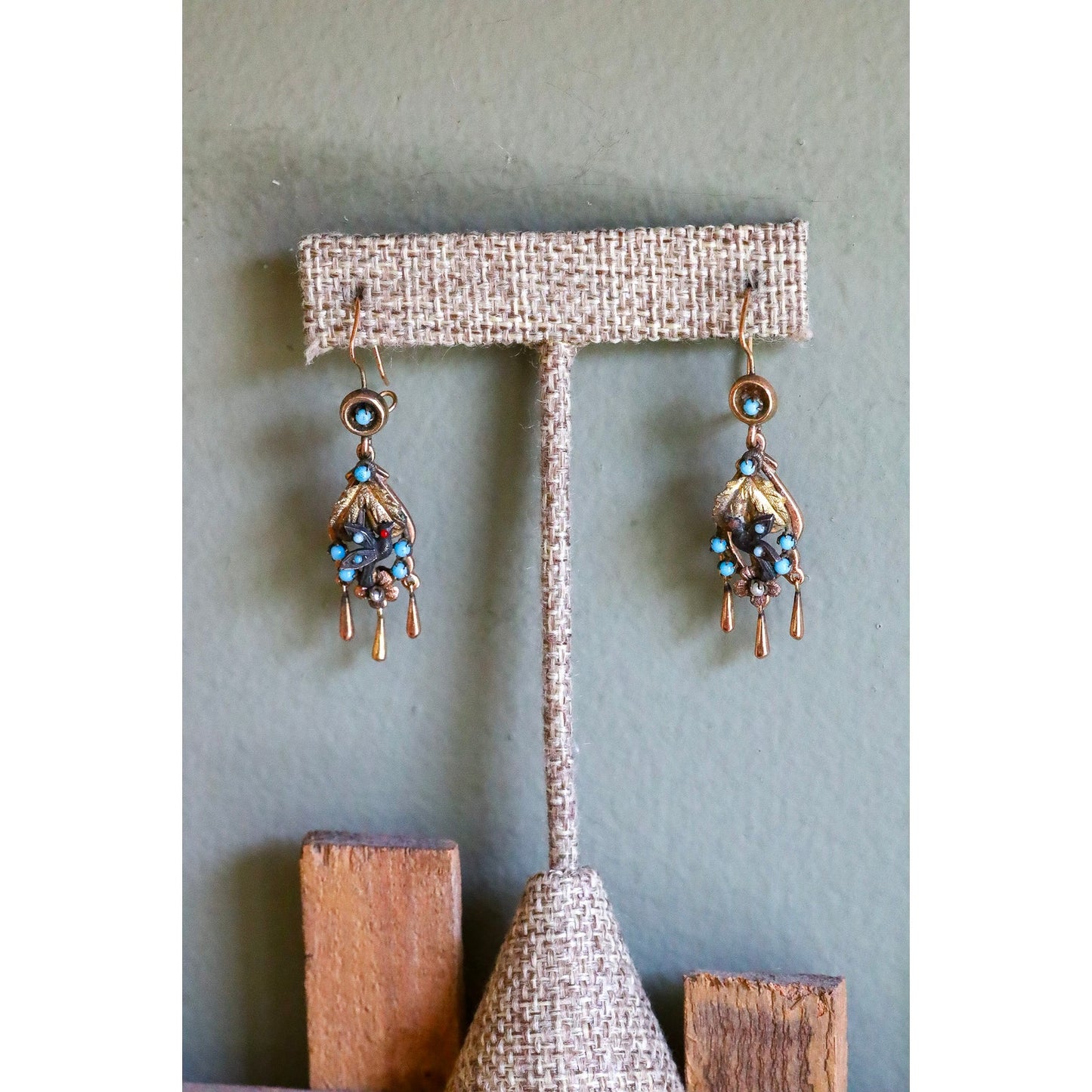 Antique 8-9K Tri Color Gold Mexican Made Bird Motif Dangle Earrings