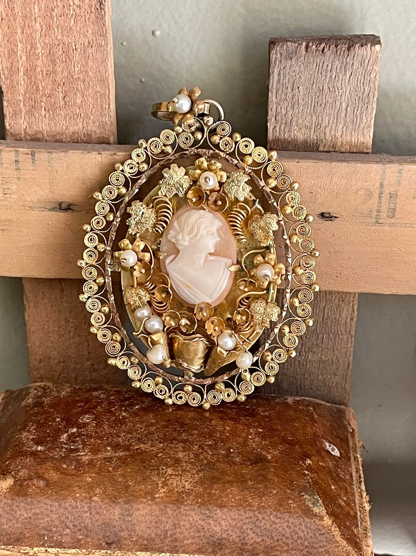 Vintage 1930-1950's Spun 14K Yellow Gold Hand Made Pendant Featuring a Shell Cameo and Pearls