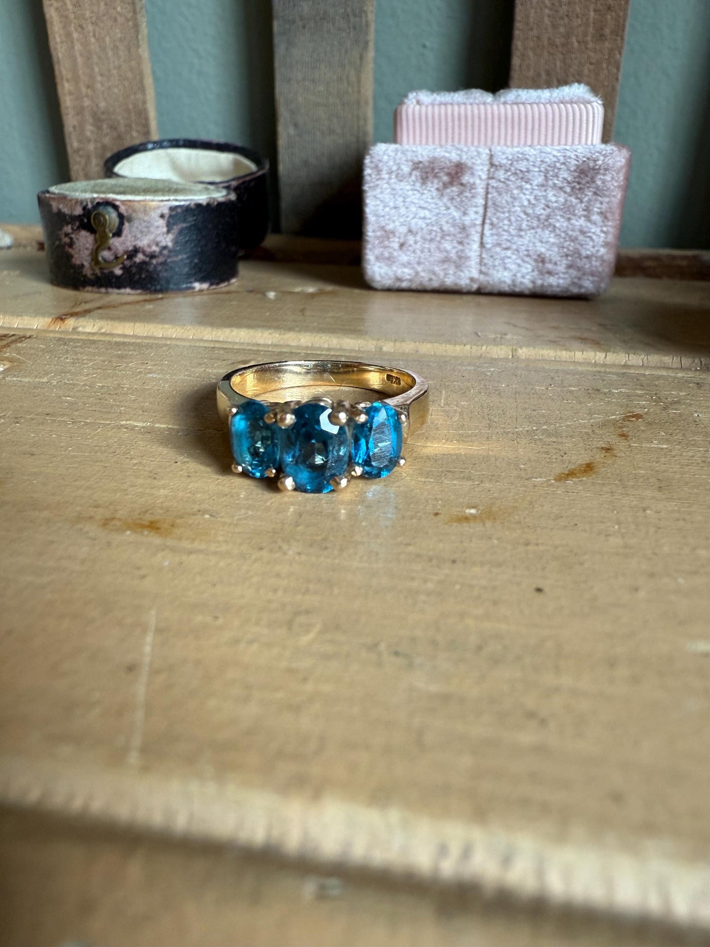 14K Yellow Gold Three Oval Cut London Blue Topaz Ring