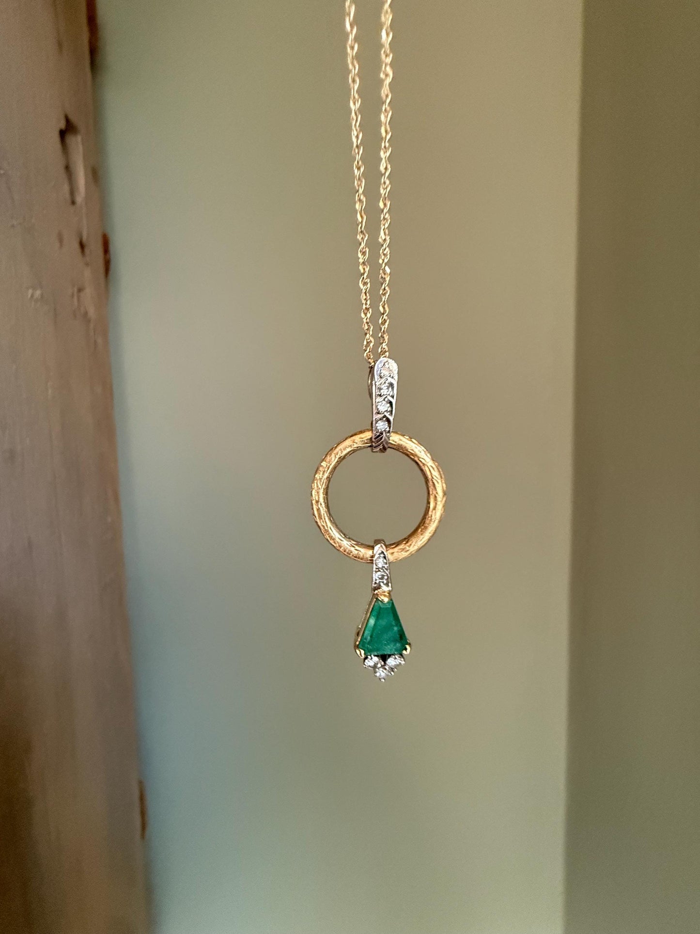 Custom Designed Natural Emerald and Diamond 18K Pendant on a 14K Yellow Gold Chain