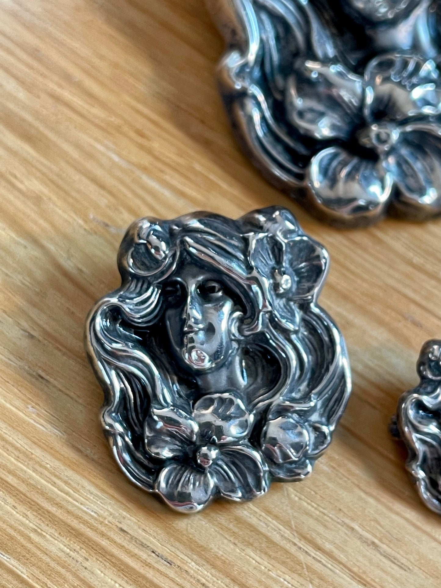 Art Nouveau Sterling Silver Five Piece Brooch Set Lady with Poppies