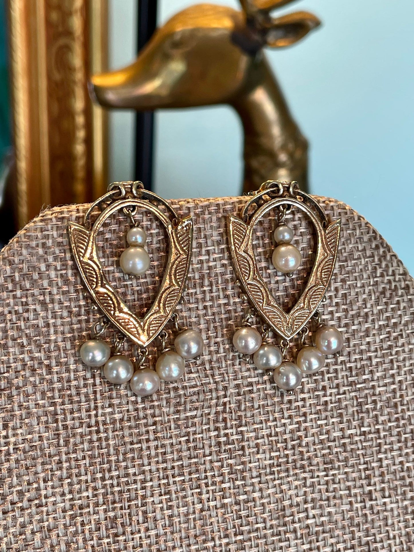 Victorian Revival 10K Yellow Gold Mid Century Pearl Dangle Earrings