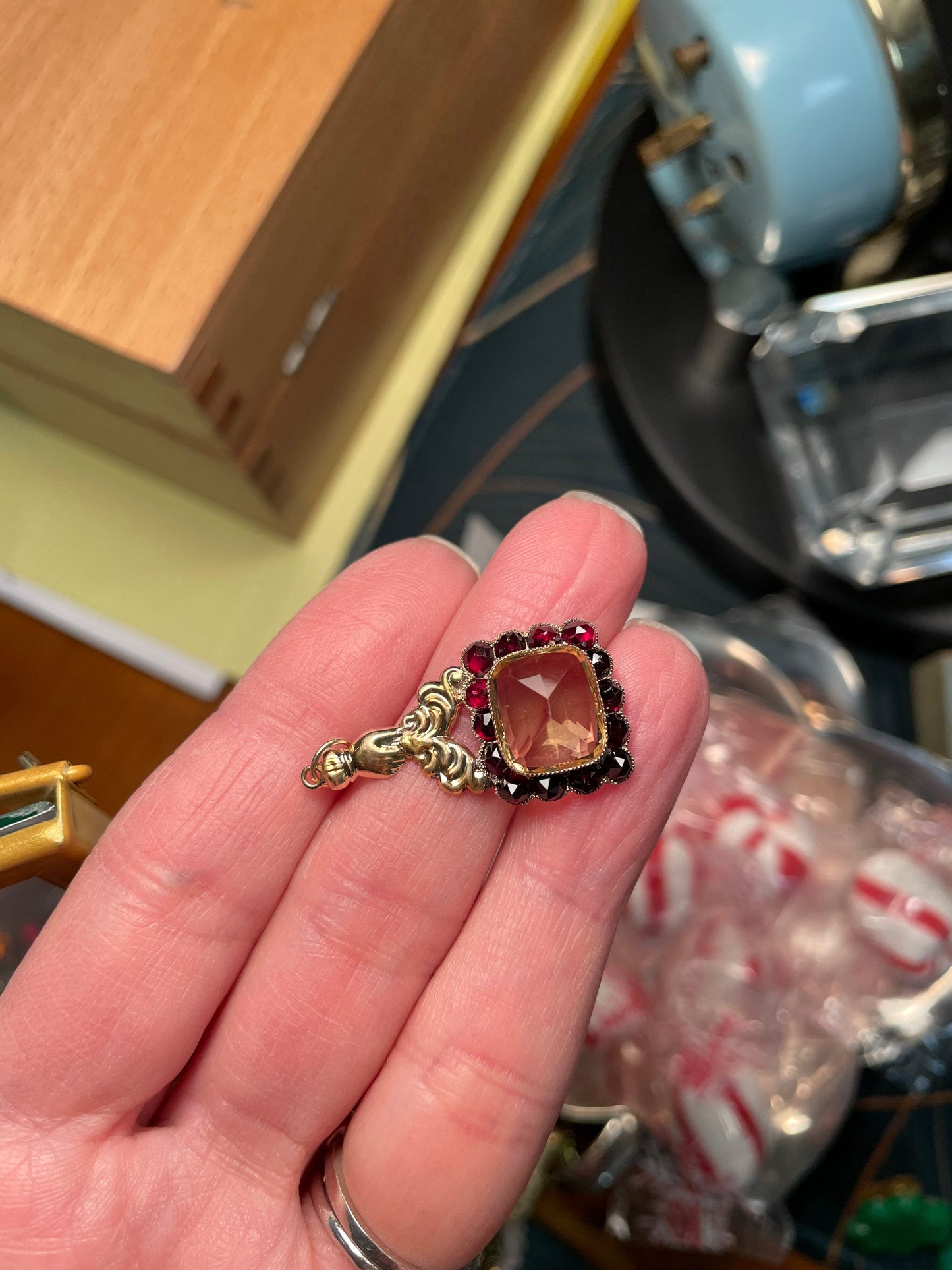 Antique Victorian Hand Pendant: Citrine & Bohemian Garnets