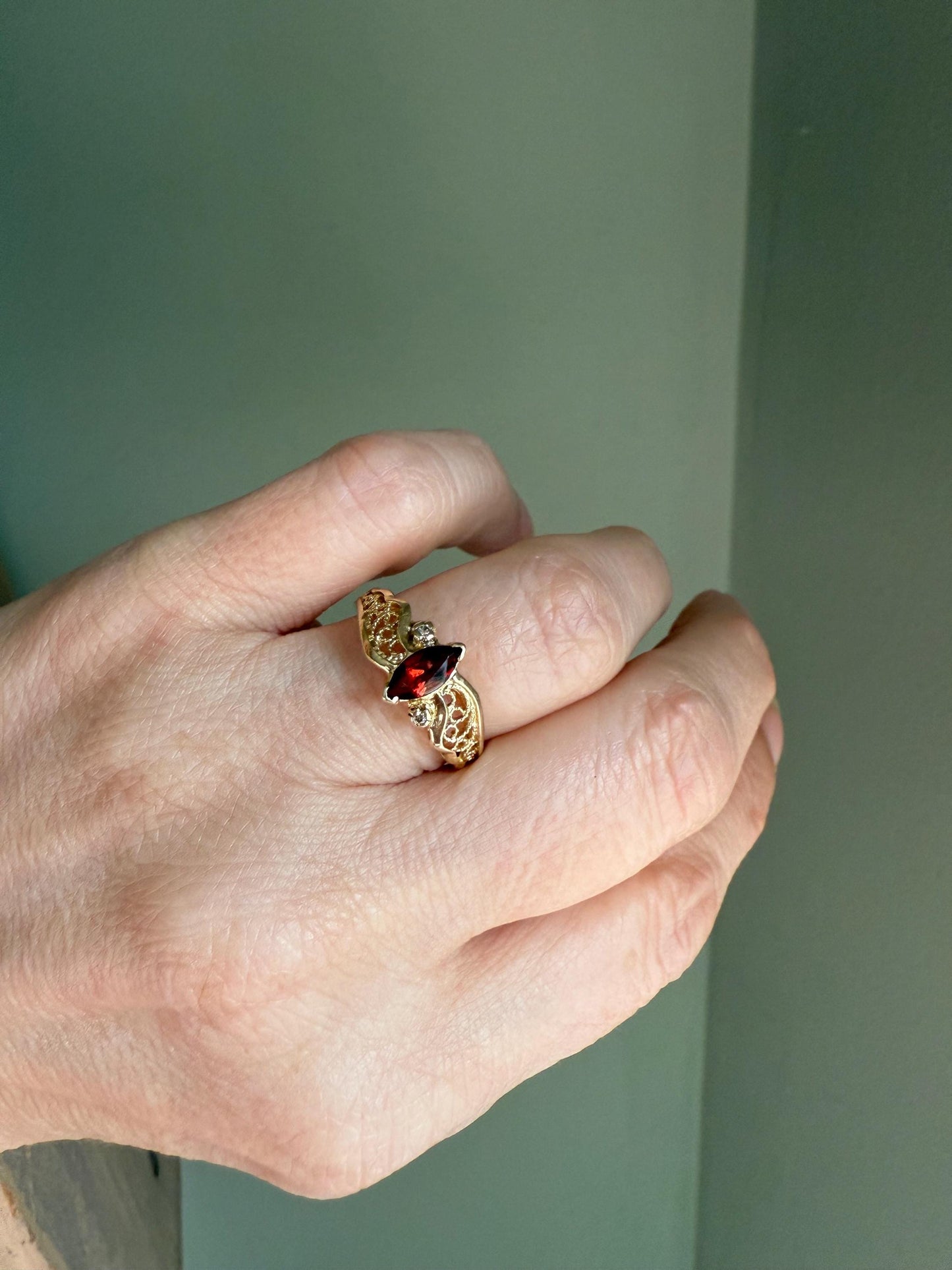 14K Beverly Hills Yellow Gold Marquis Garnet and Diamond Ring