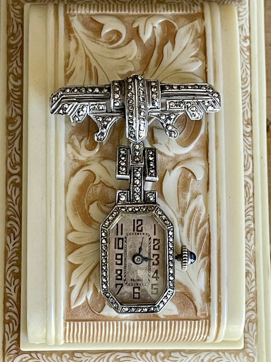 800 Silver Marcasite French Art Deco 1920 Watch Brooch