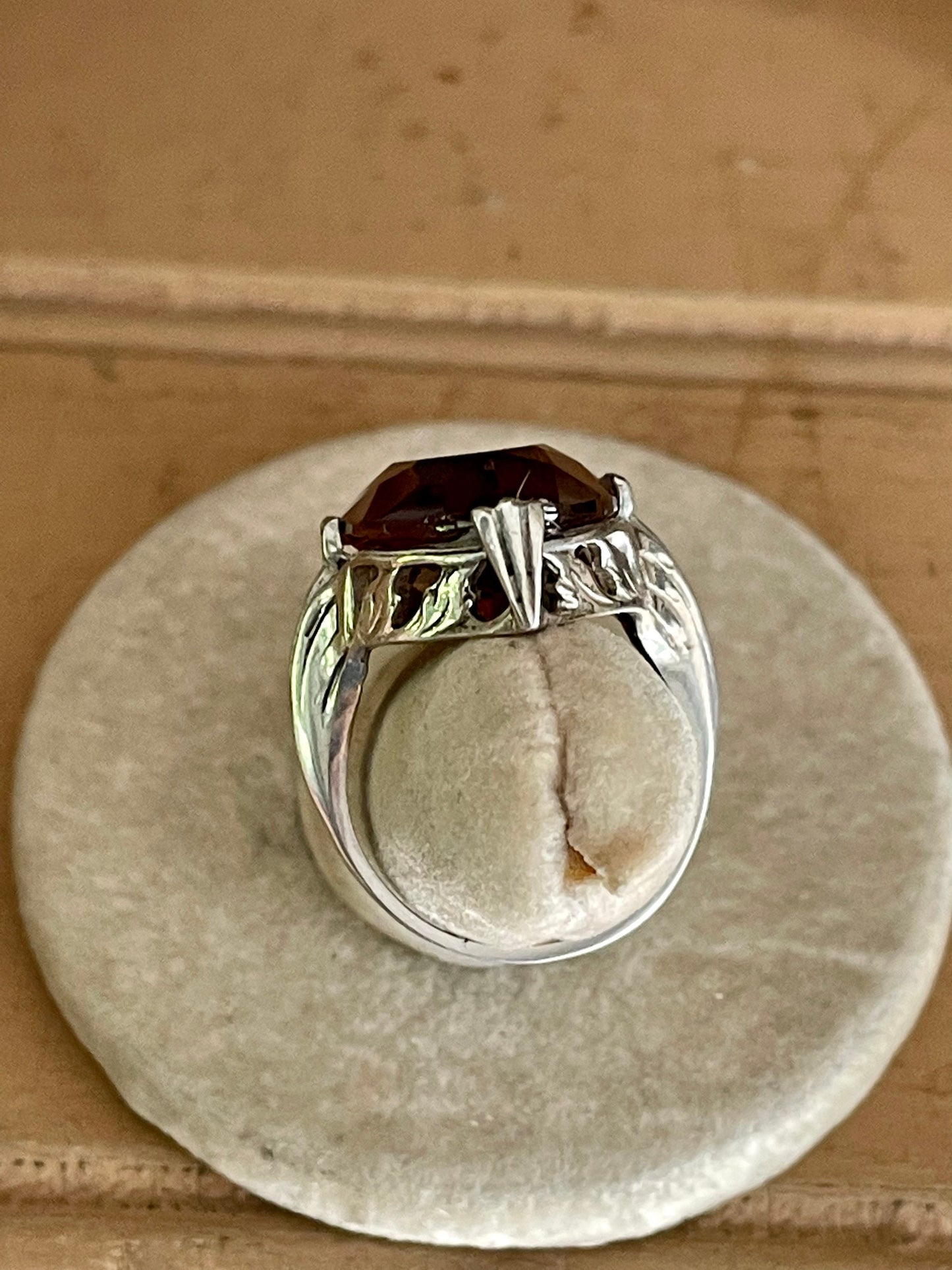 1920-1930 Art Deco Sterling Silver Glass Marquis Citrine Color Glass Ring