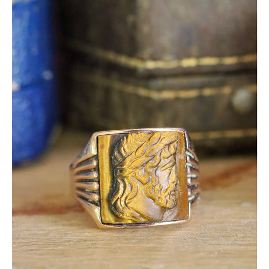 c1920 10K Yellow Gold Hand Carved Tigereye Pinkie Ring
