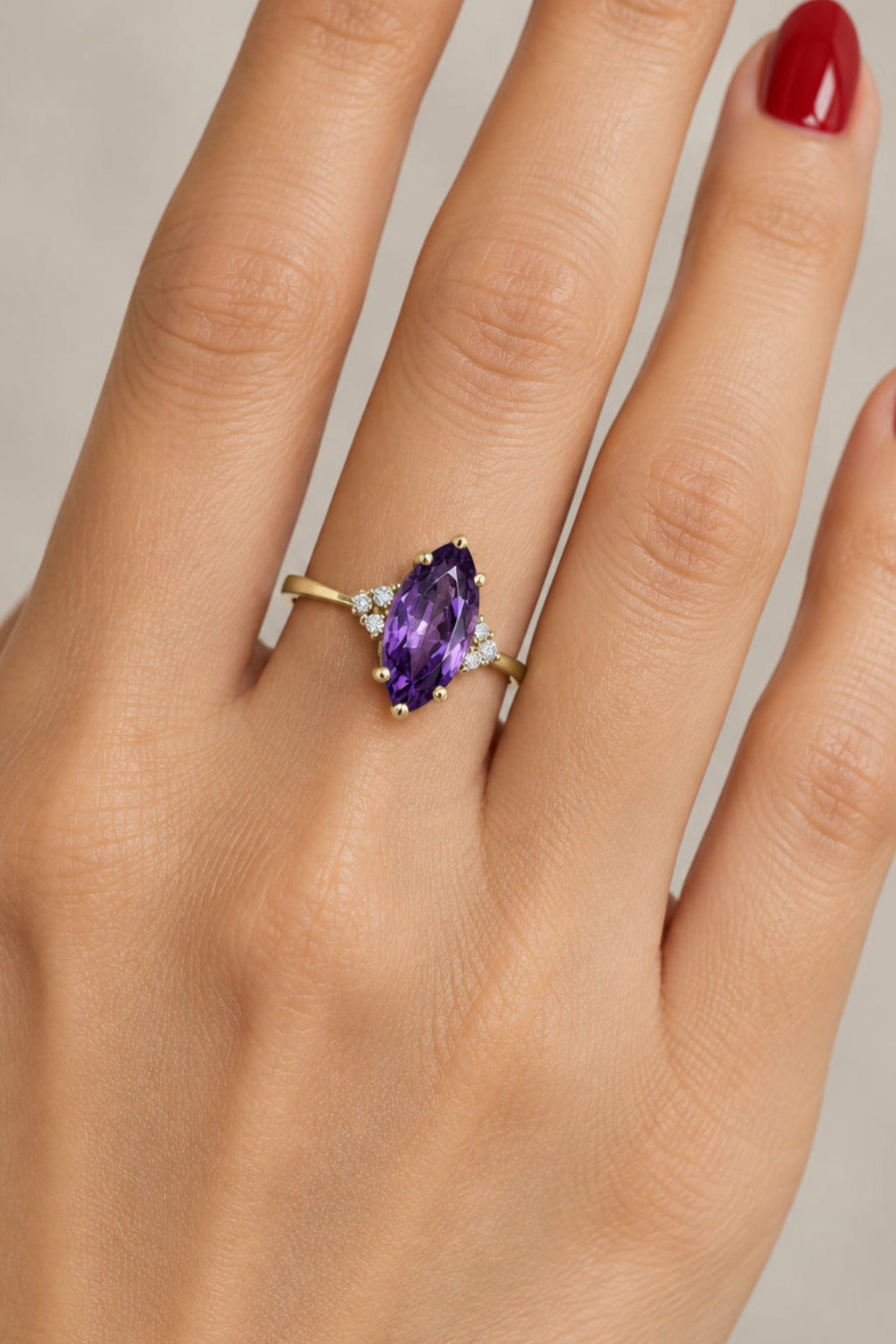 c1980 14K Yellow Gold Ring with Marquis Cut Amethyst and Diamonds