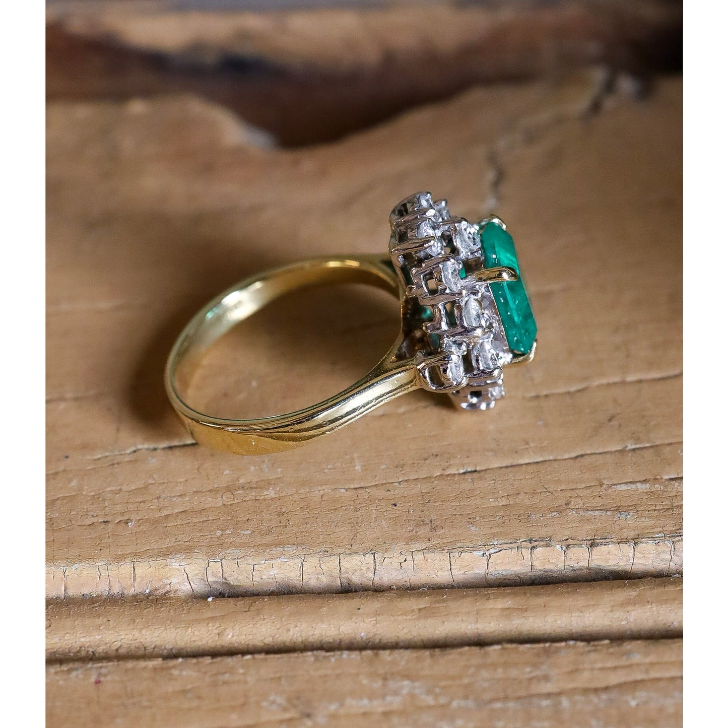 Vintage 18K Yellow Gold Custom Designed Natural Emerald and Diamond Ring