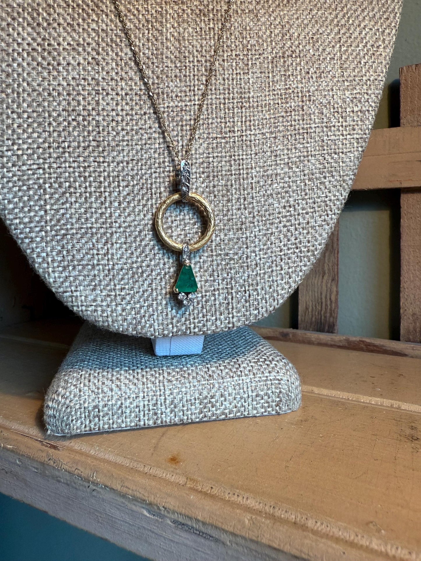 Custom Designed Natural Emerald and Diamond 18K Pendant on a 14K Yellow Gold Chain