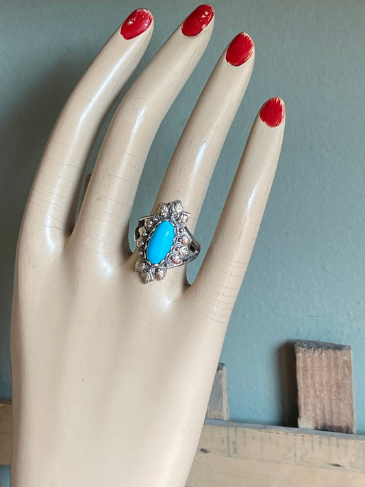 Vintage Turquoise Ring: Sterling, 12K Rose & Green Gold, Size 7