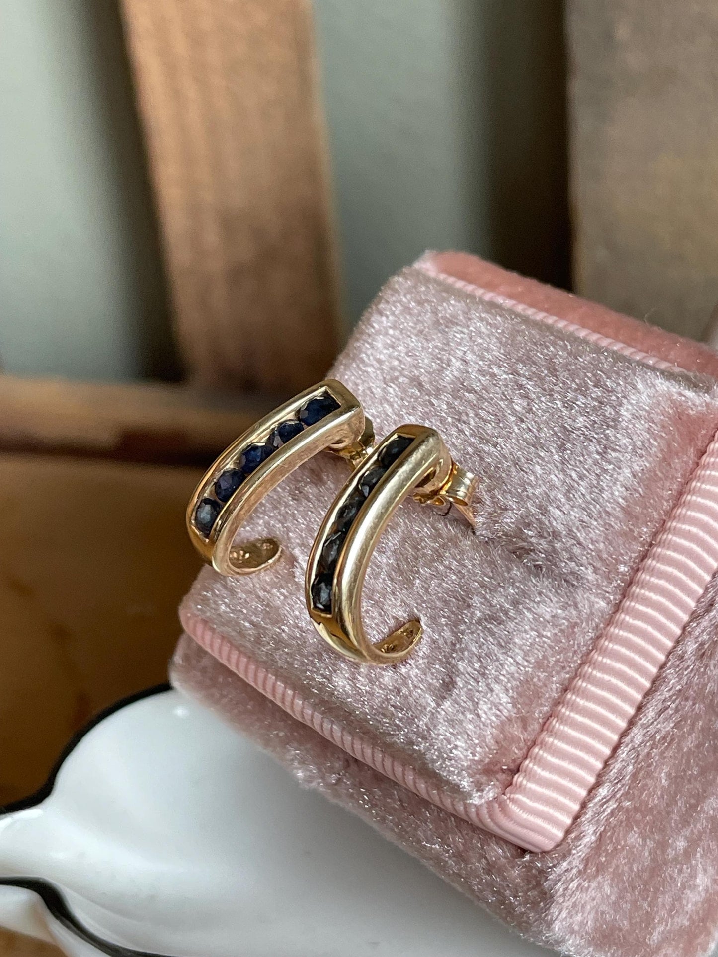 Vintage 14K Yellow Gold Channel Set Round Cut Sapphires in Half Hoops Earrings