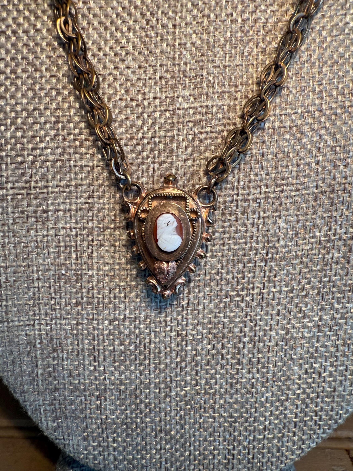 Antique Victorian Gold Filled Agate Cameo Pendant with Hook Necklace