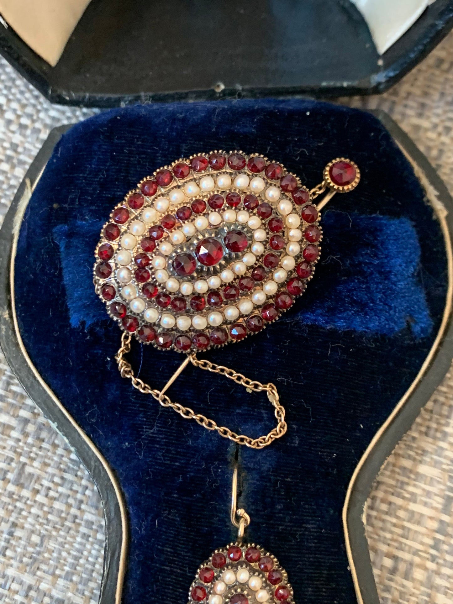 SALE 14K Late Victorian Bohemian Cut Garnet and Pearl Brooch and Matching Earrings