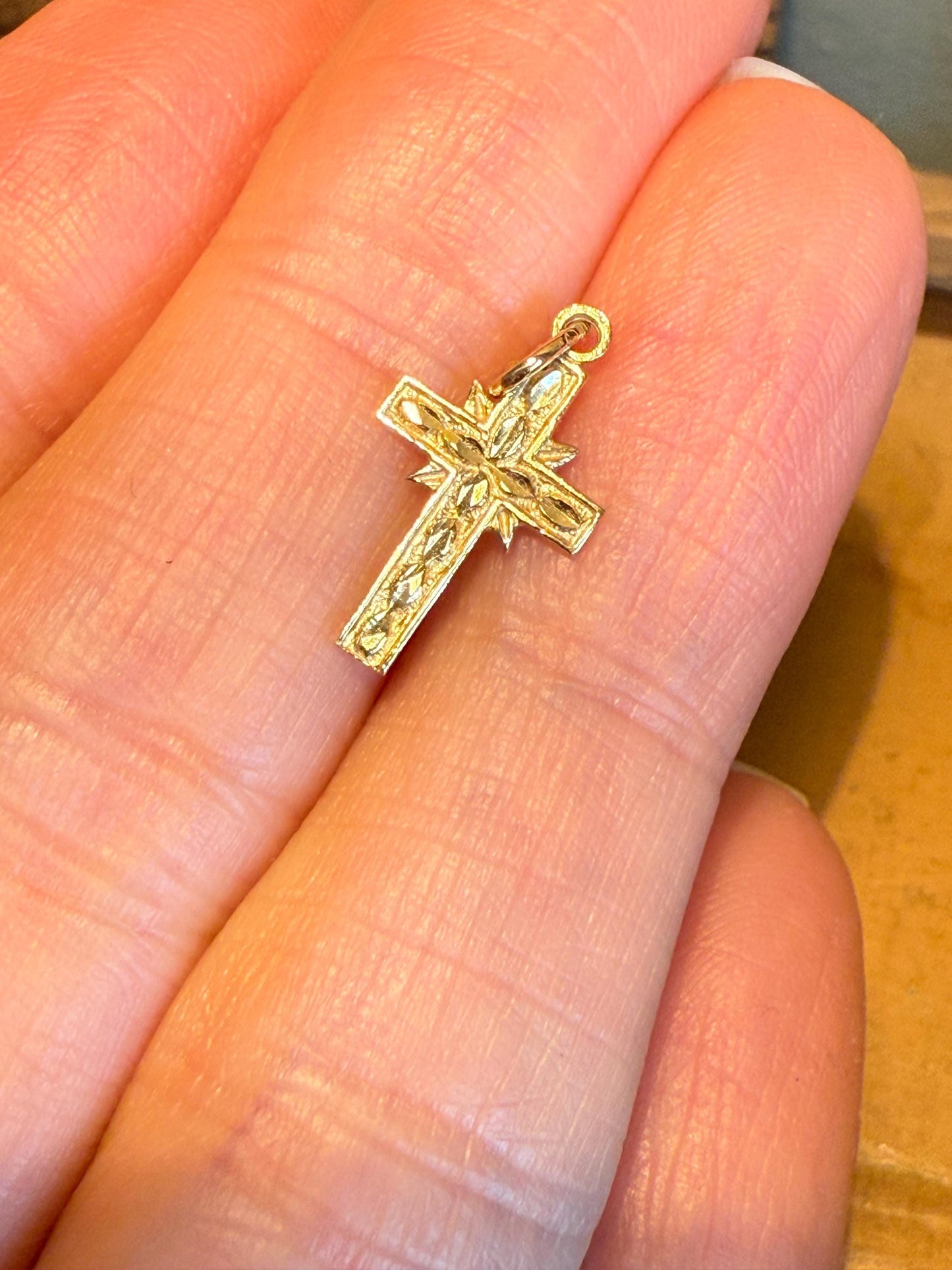 Little Vintage 10K Yellow Gold Engraved Front Cross