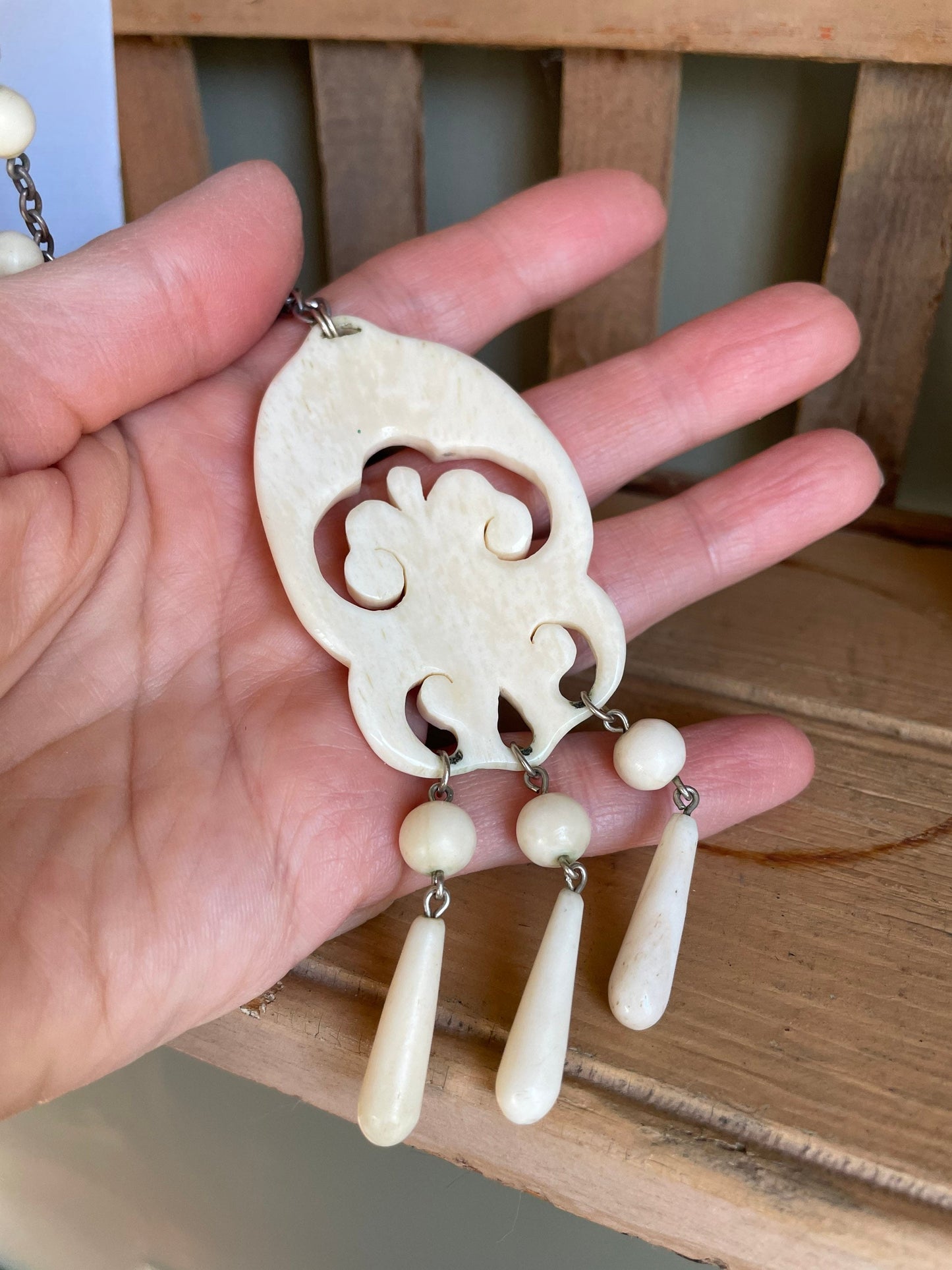 1960's Carved Necklace and Dangle Earrings