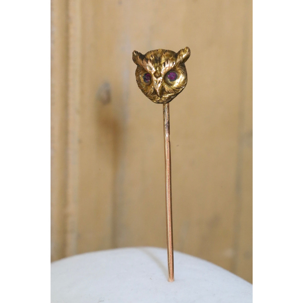 Antique Victorian 9- 10K Owl Stickpin with Bohemian Cut Garnet Eyes