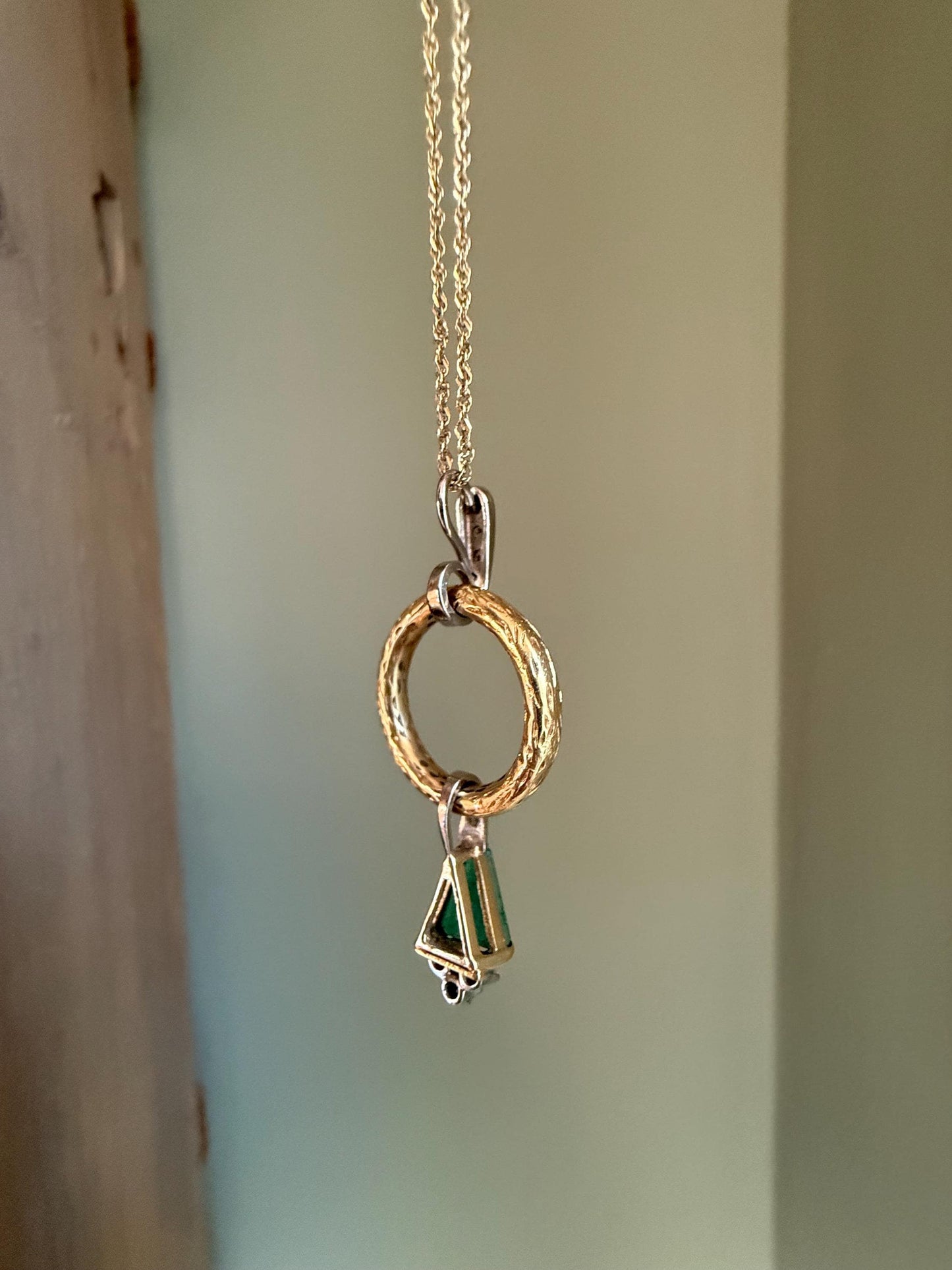 Custom Designed Natural Emerald and Diamond 18K Pendant on a 14K Yellow Gold Chain