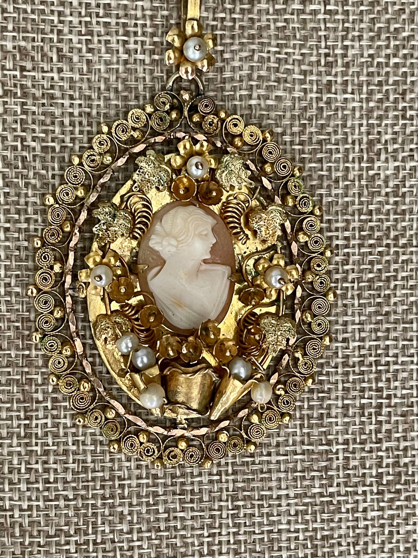 Vintage 1930-1950's Spun 14K Yellow Gold Hand Made Pendant Featuring a Shell Cameo and Pearls