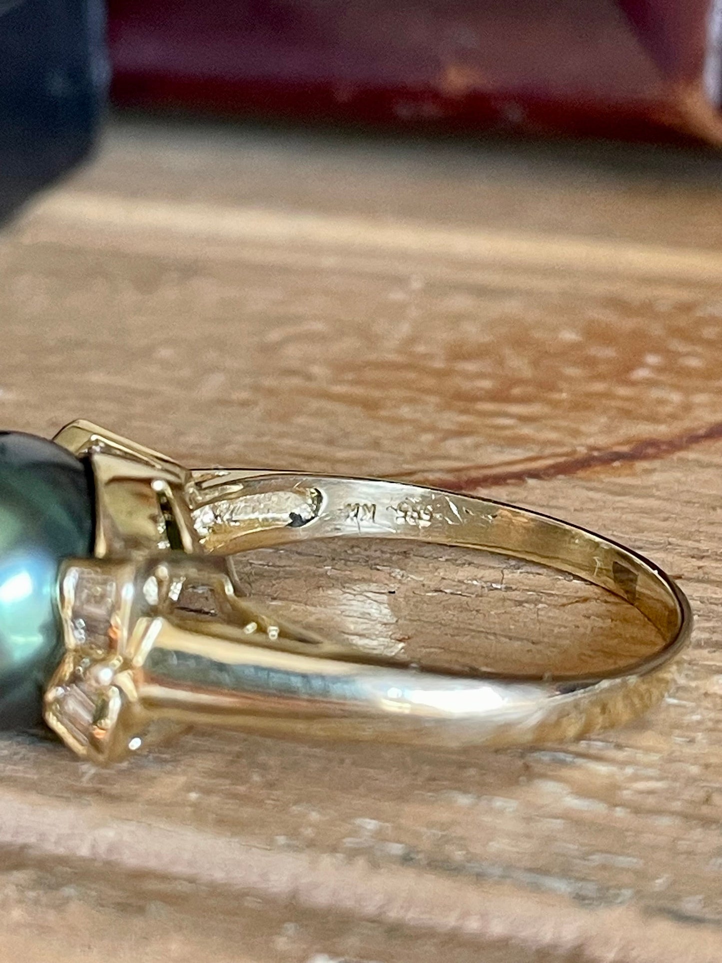 14K Yellow Gold 11mm Tahitian Pearl & Baguette Cut Diamond Ring