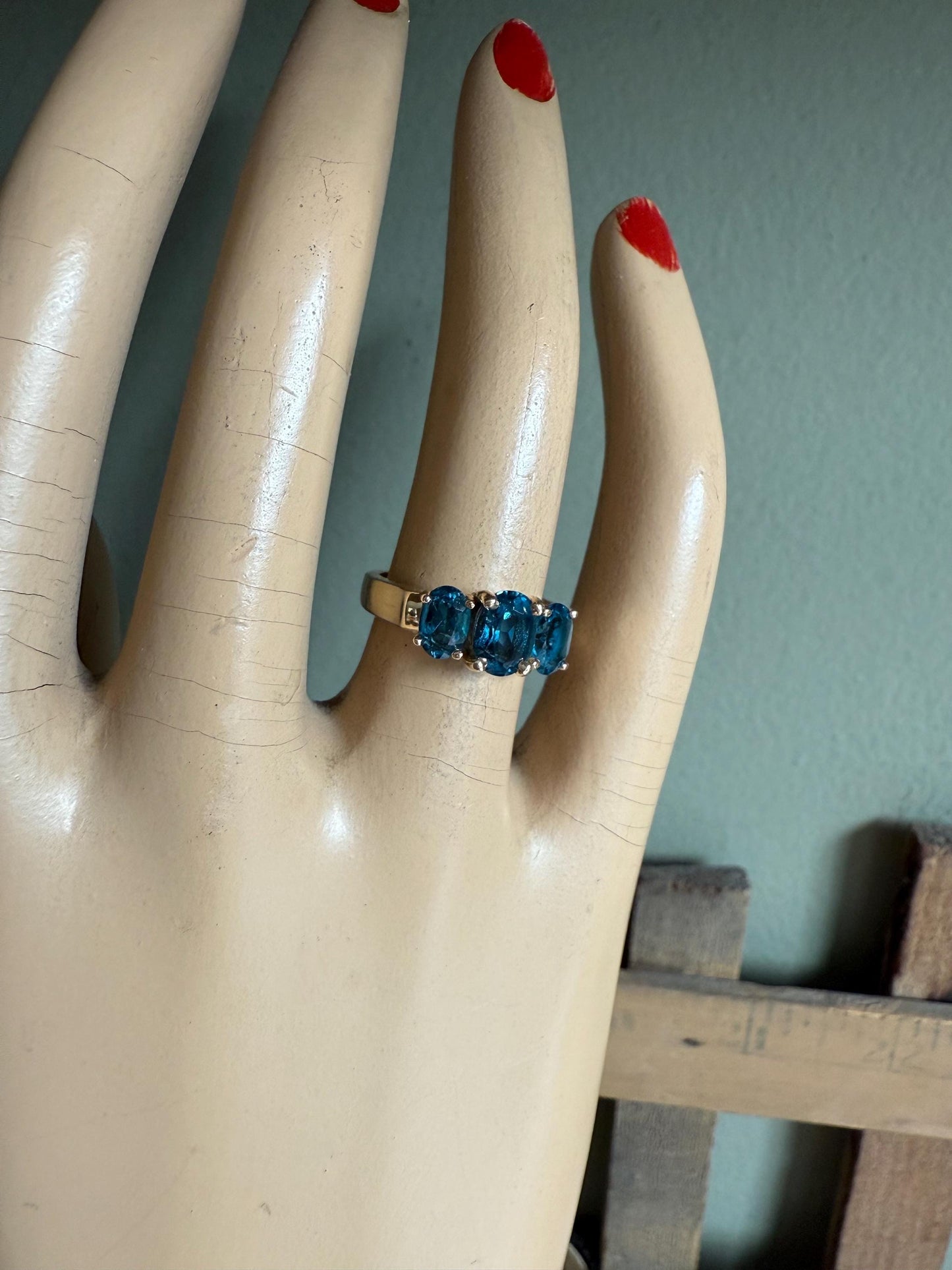 14K Yellow Gold Three Oval Cut London Blue Topaz Ring