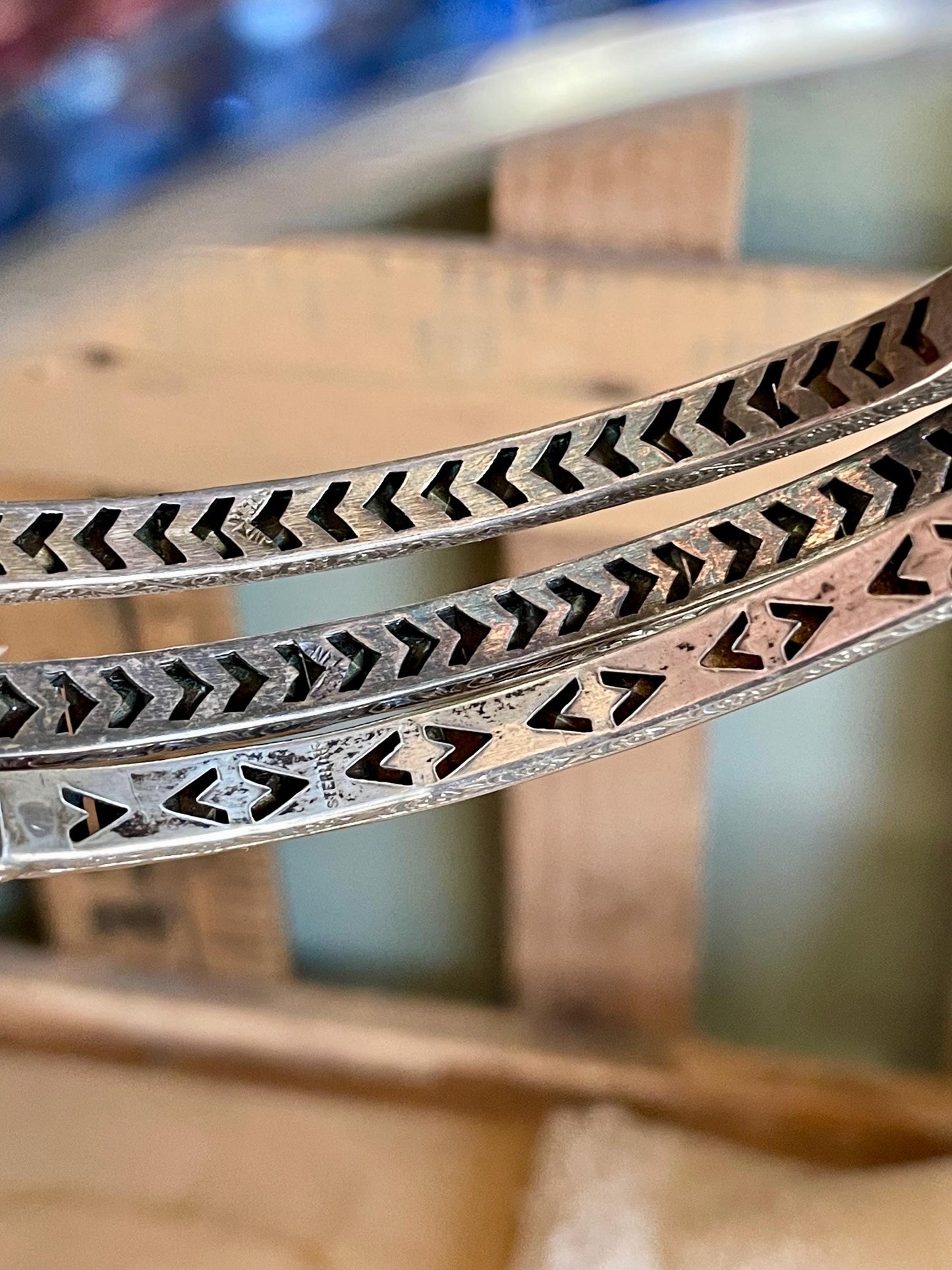 Art Deco Sterling Silver Bracelet Bangle: Ceylon Blue & Rose Cut Glass