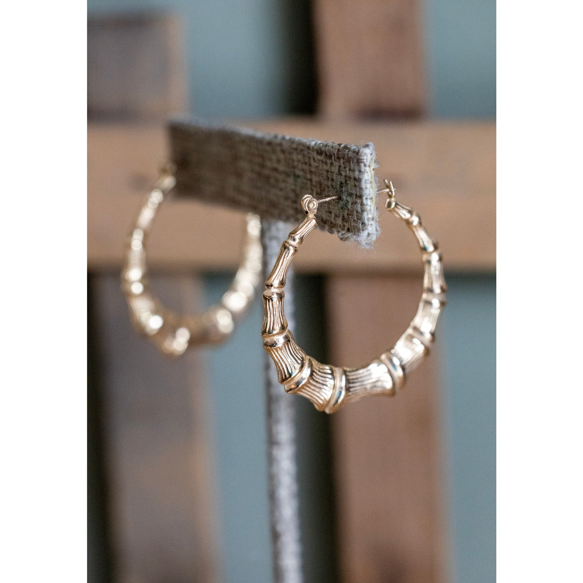 Vintage Large 14K Yellow gold Bamboo Round Hoops