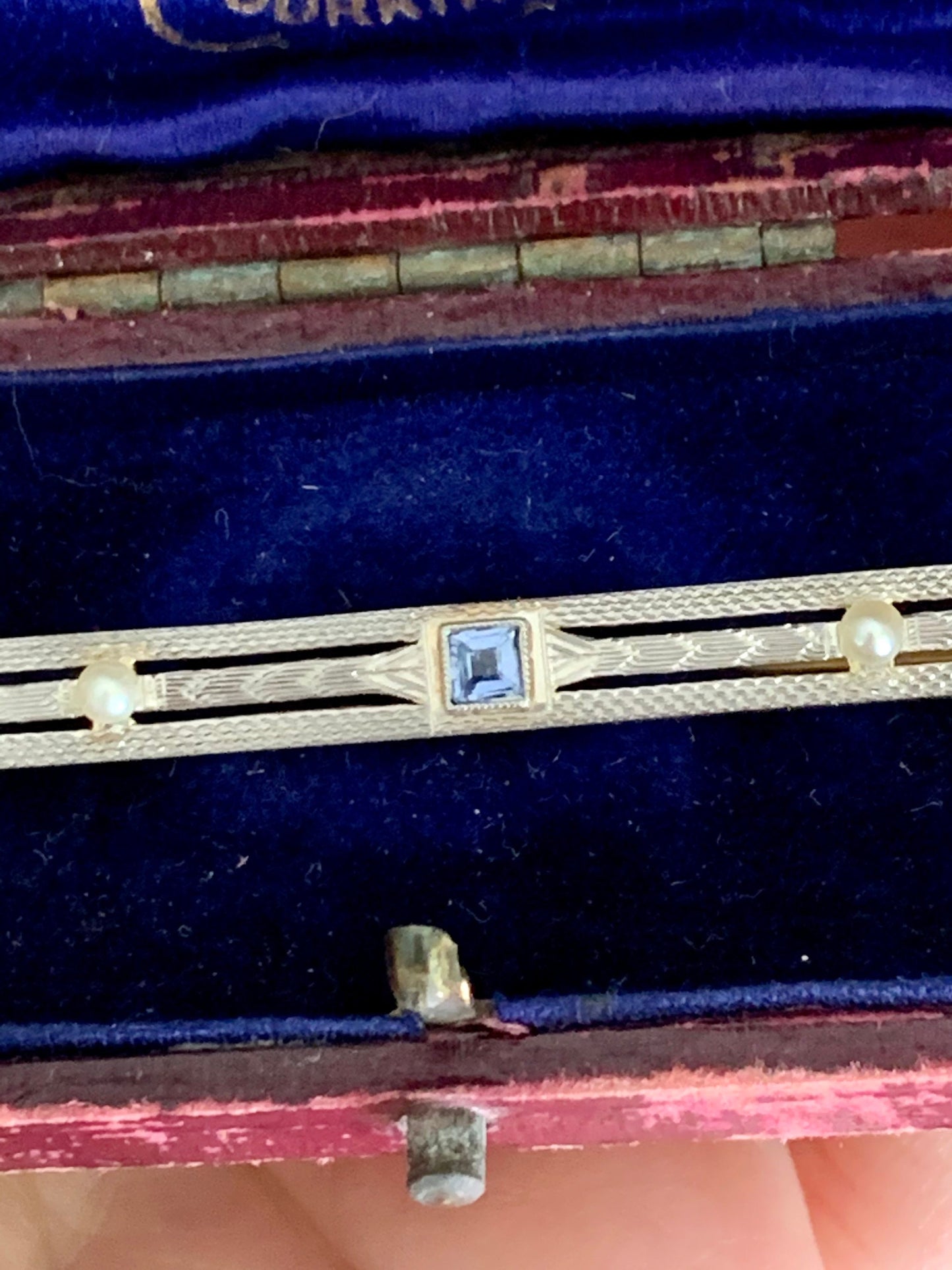 c1920 14K Yellow Gold Allsopp - Bliss Topaz Seed Pearl Bi-Color Bar Brooch