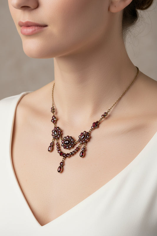 All Original Vintage German Bohemian Cut Garnet Swag Dangle Necklace