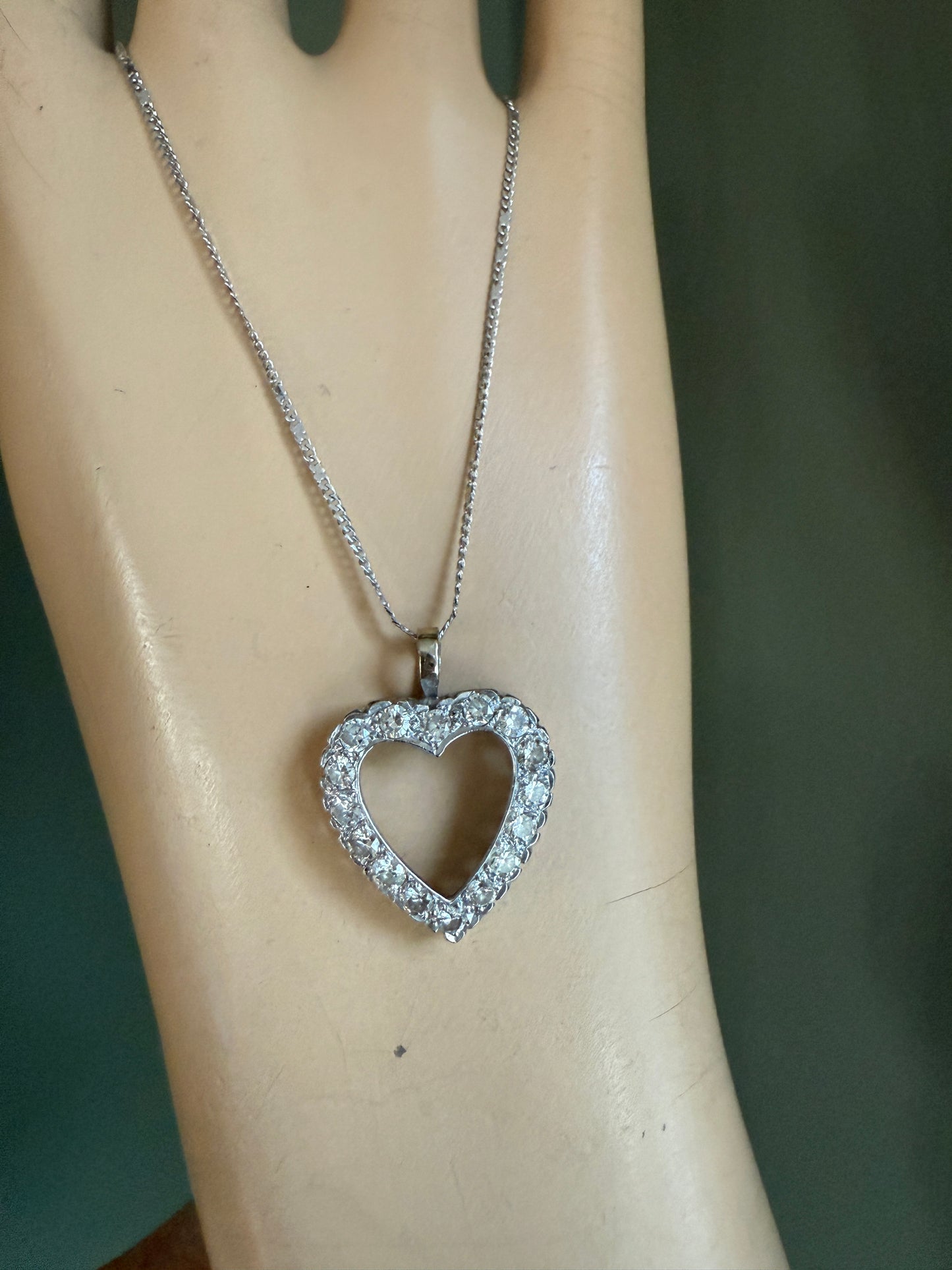 1950's Vintage 10K White Gold Diamond Set Heart Pendant on 10K White Gold Chain