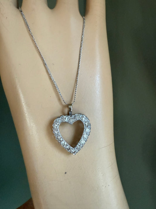 1950's Vintage 10K White Gold Diamond Set Heart Pendant on 10K White Gold Chain