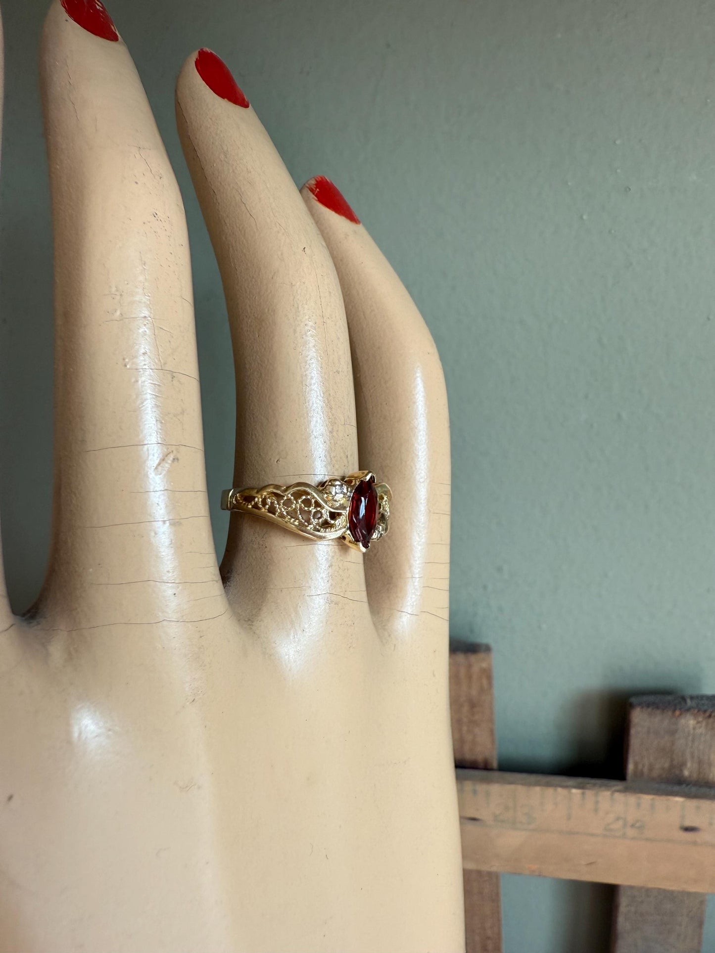 14K Beverly Hills Yellow Gold Marquis Garnet and Diamond Ring