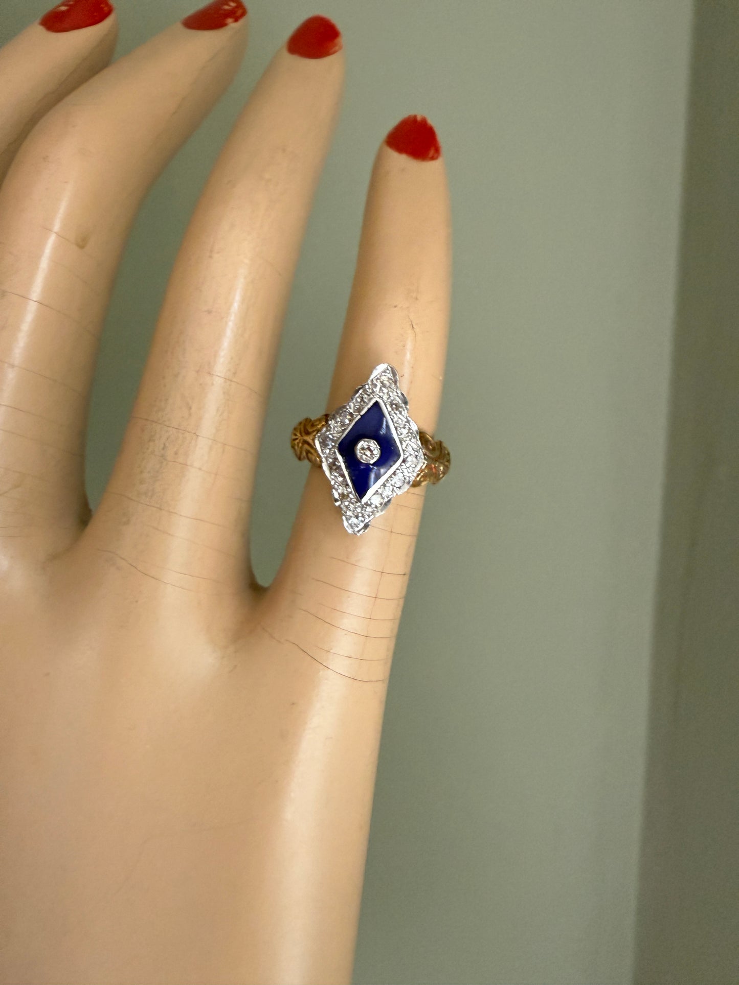 Vintage English Victorian Revival Diamond and Enamel Pinkie Ring