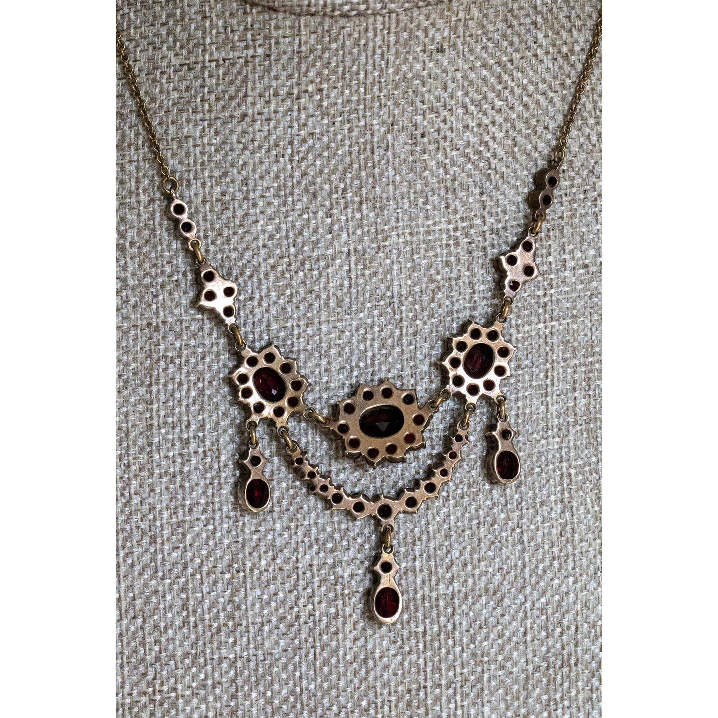 All Original Vintage German Bohemian Cut Garnet Swag Dangle Necklace