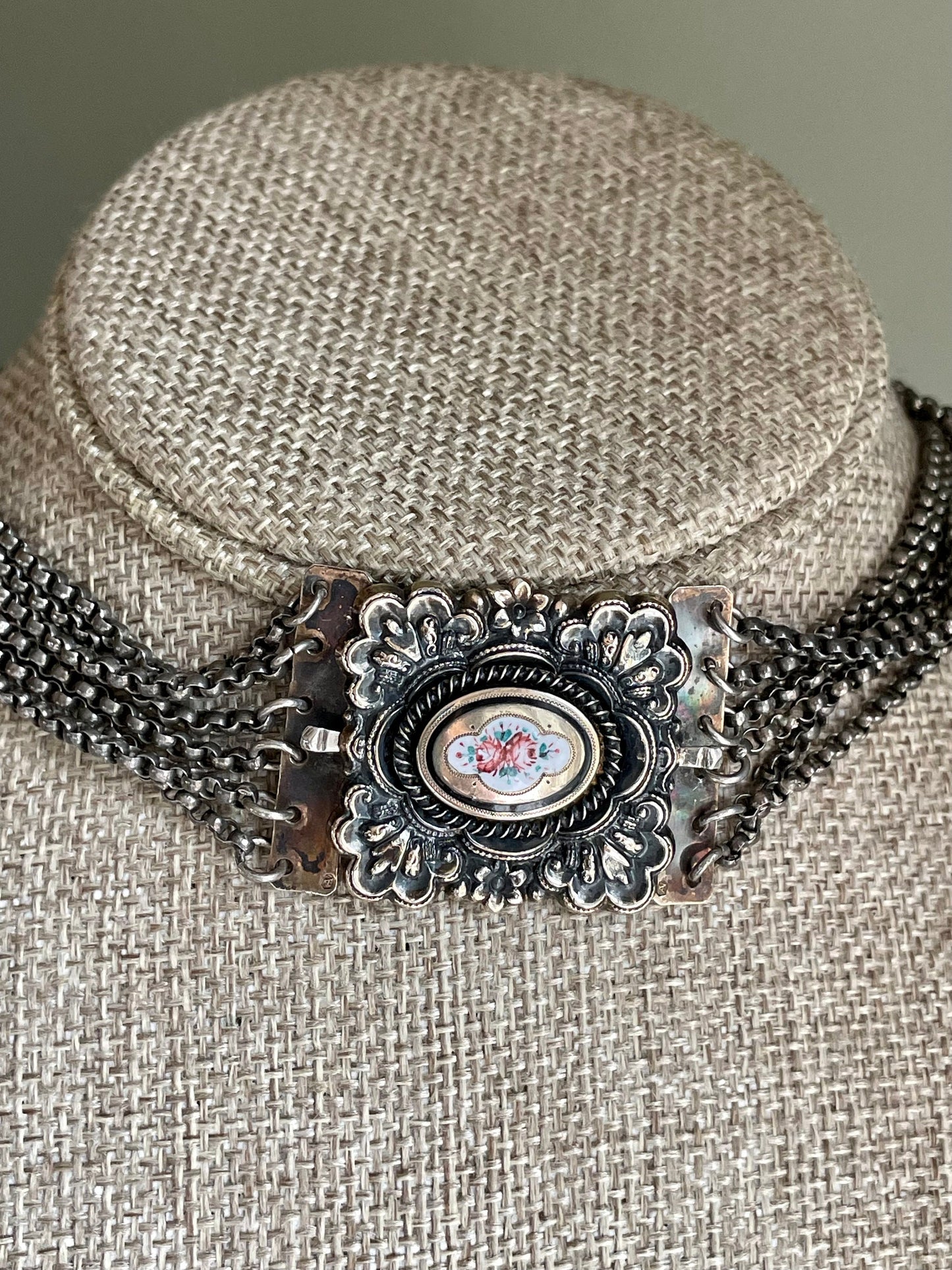 Antique Silver with Gilt Gold Hand Enameled Multi Strand Choker