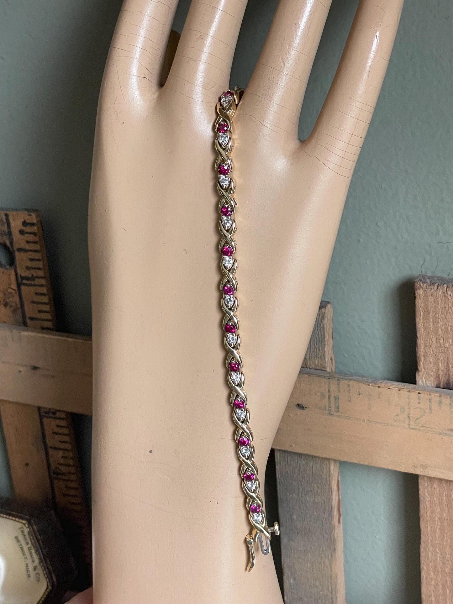 Solid 14K Yellow and White Gold Vintage Ruby and Diamond Link Bracelet