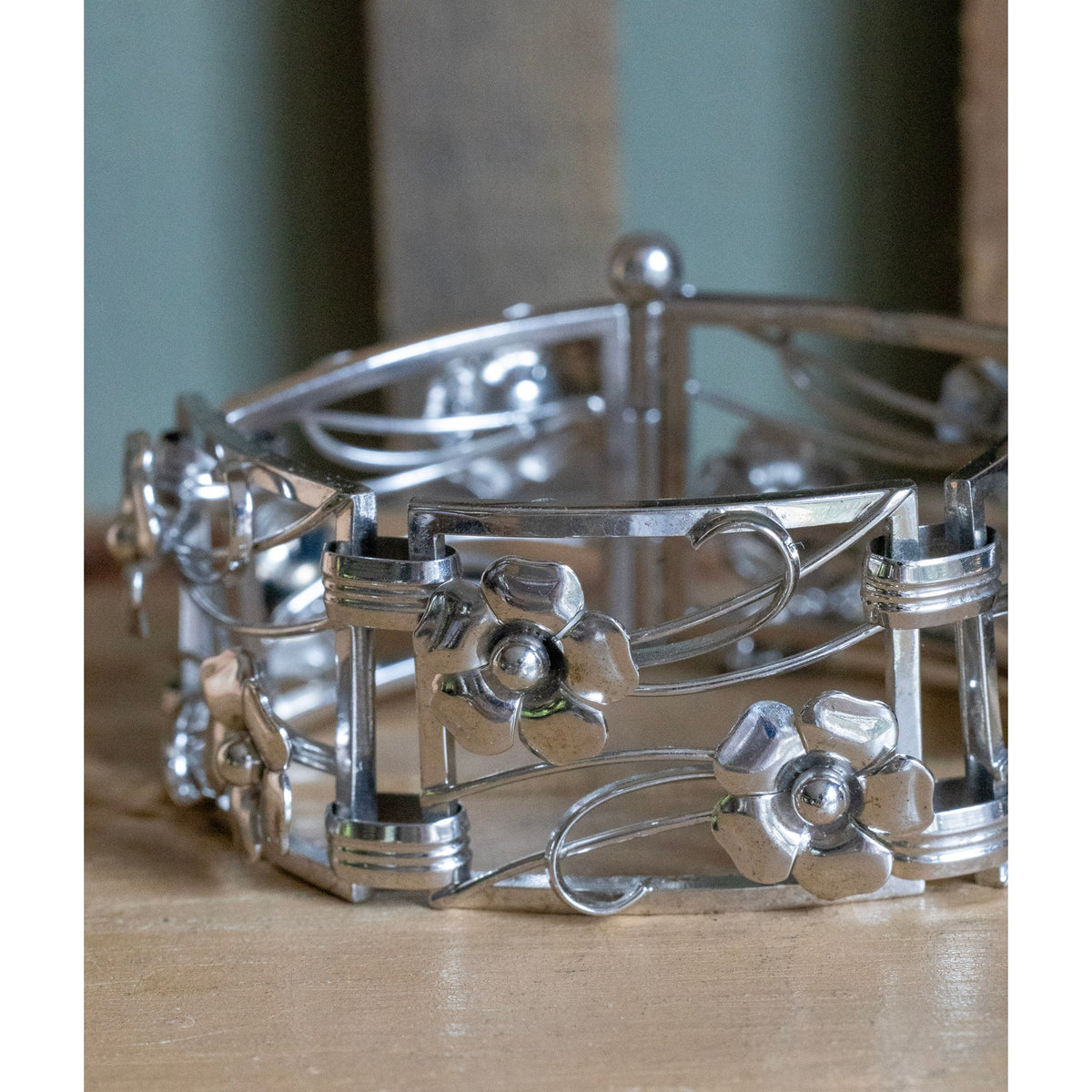 A late 1940's Harry S. Bick & Son Sterling Silver Floral Link Bracelet