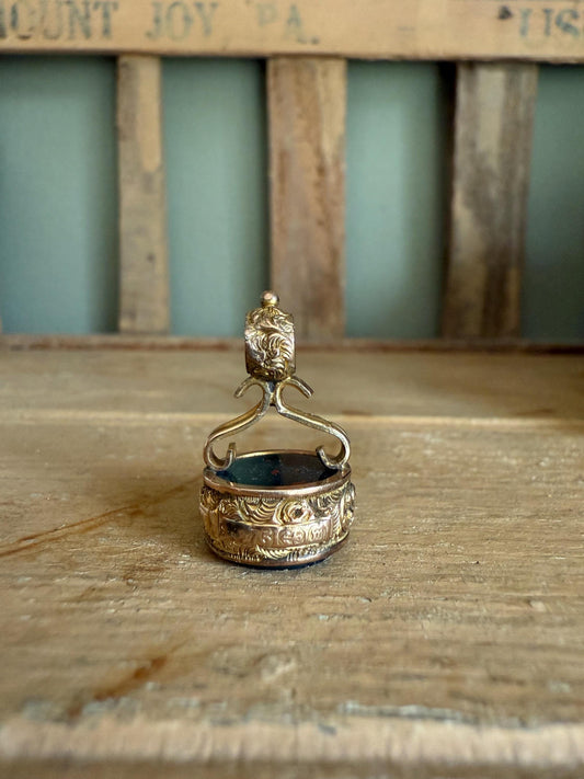 Antique Victorian English 9K Yellow Gold Hand Chased Bloodstone Watch Fob Pendant Charm 1886