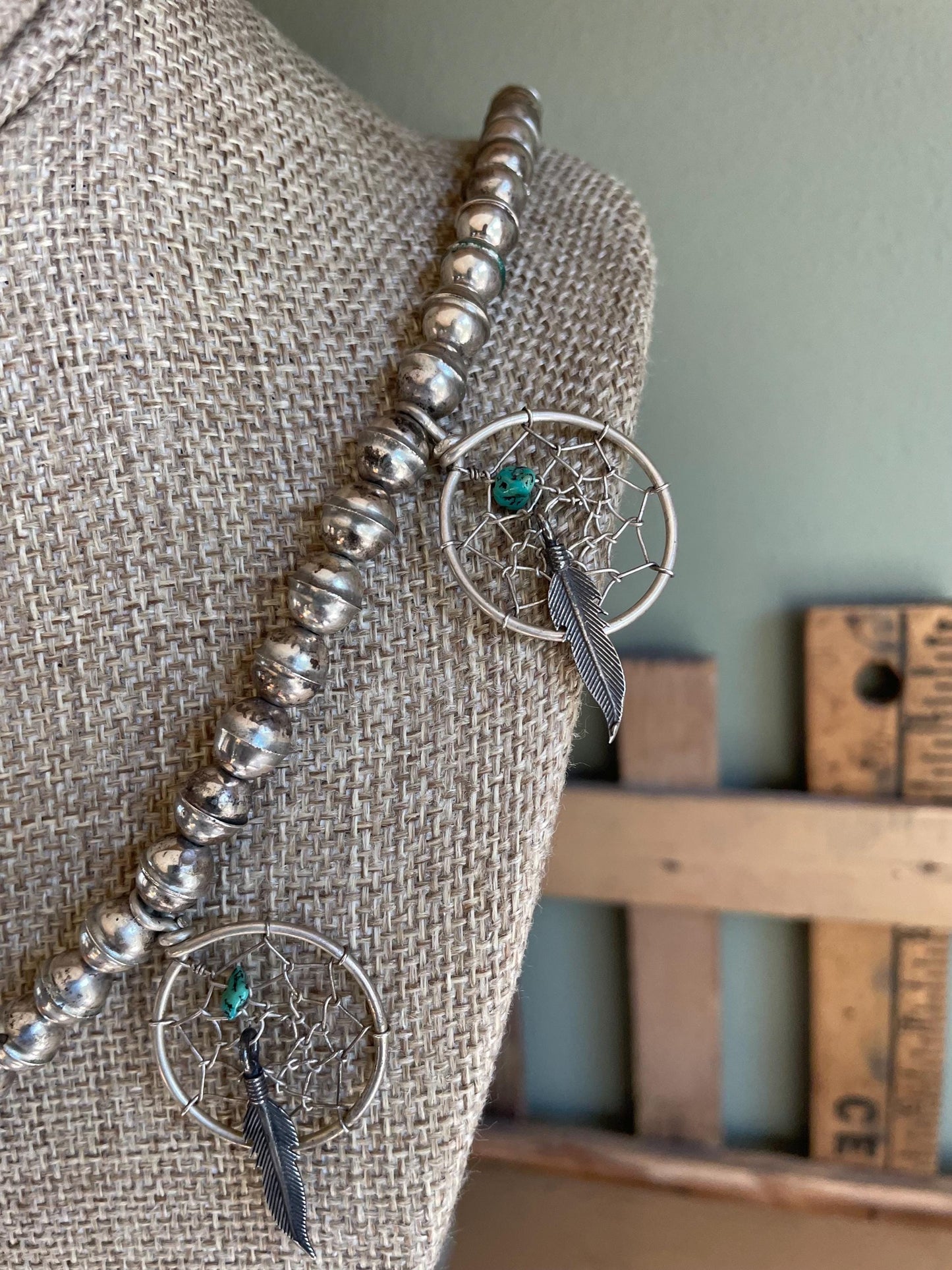 A Vintage Navajo Sterling Silver Handmade Dream Catcher Turquoise Nugget Necklace
