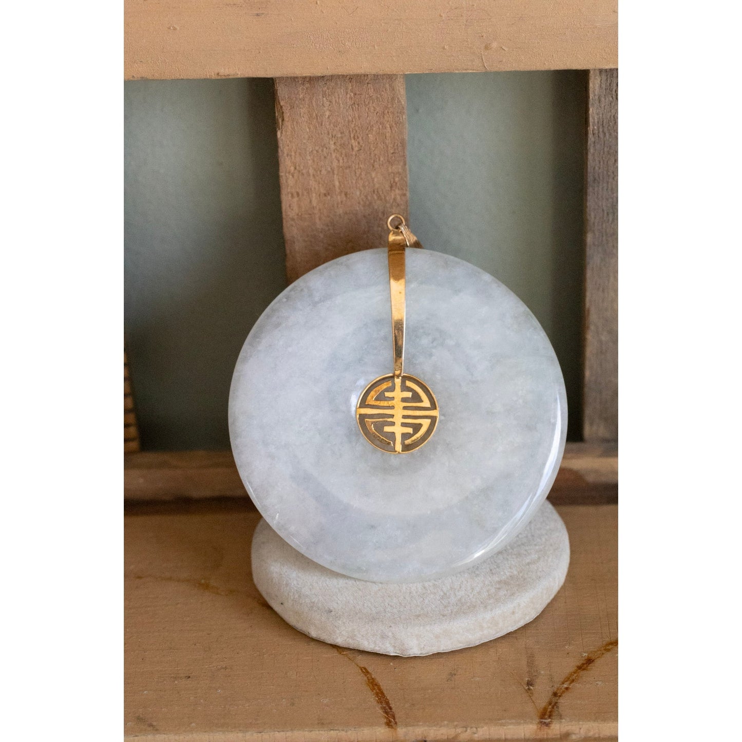 Huge 14K Yellow Gold Jade Donut Longevity Pendant
