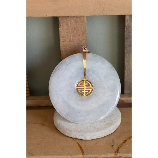 Huge 14K Yellow Gold Jade Donut Longevity Pendant